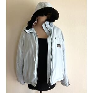 Roxy Hooded Jacket Women L Baby Blue Animal Print Lined Faux Fur Snow Ski Winter